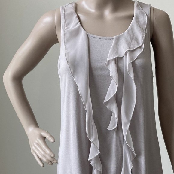 Kische Sleeveless Blouse Woman Sz M Jersey Top Sheer Ruffle High Low Mauve Gray - Picture 2 of 11
